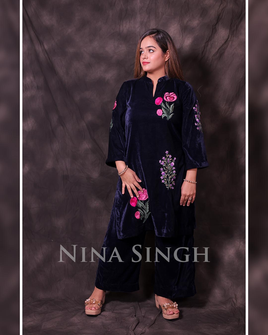 Blue Velvet Embroidered Co-ord Set