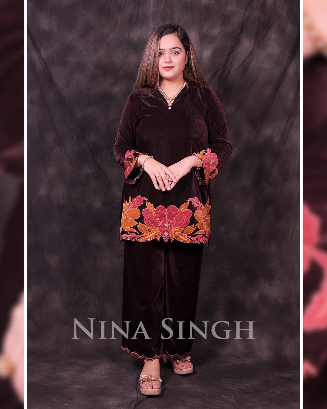 Velvet Co-ord Set in Brown with Appliqué Embellishment