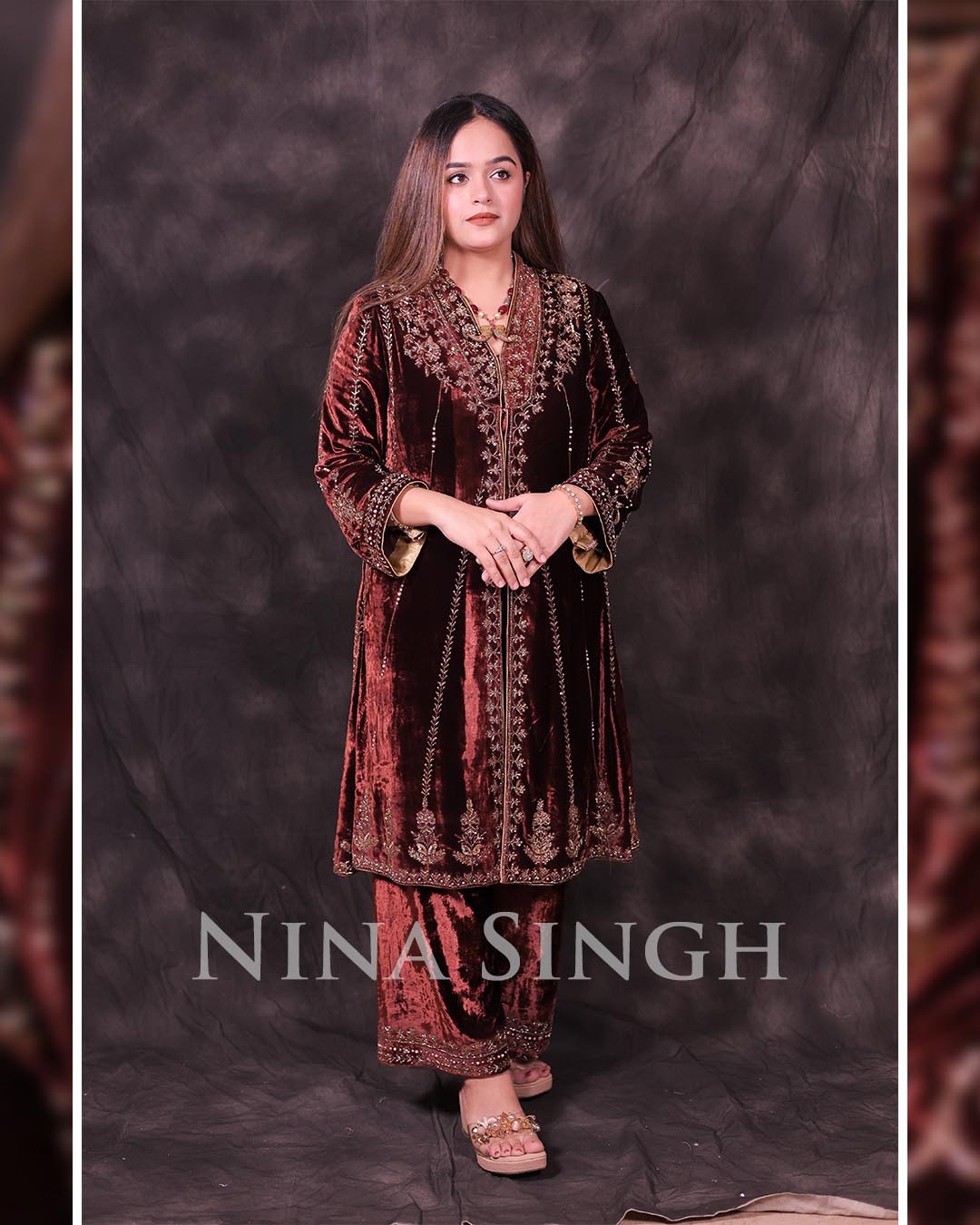 Hand Zardozi Velvet Suit Set – Brown