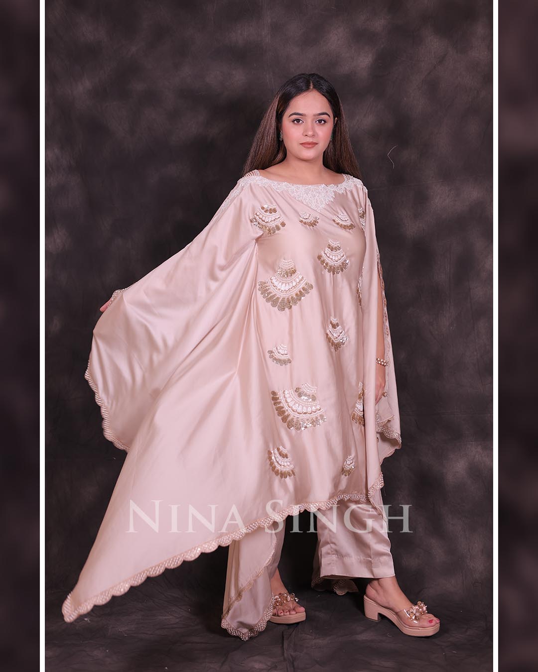 Ivory Designer Kaftaan Set with Pearls & Zardozi