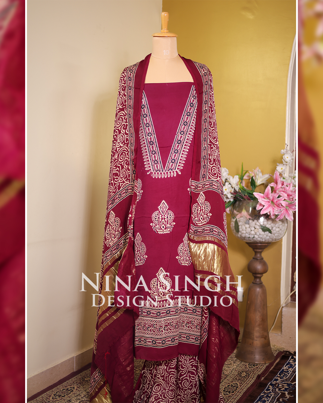 Natural Dyed Ajrakh Hand Block Printed Modal Silk Suit – Unstitched