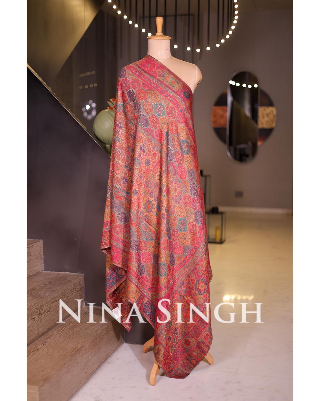 Luxury Woollen Jamdani Shawl with All-Over Gold Zari Weave