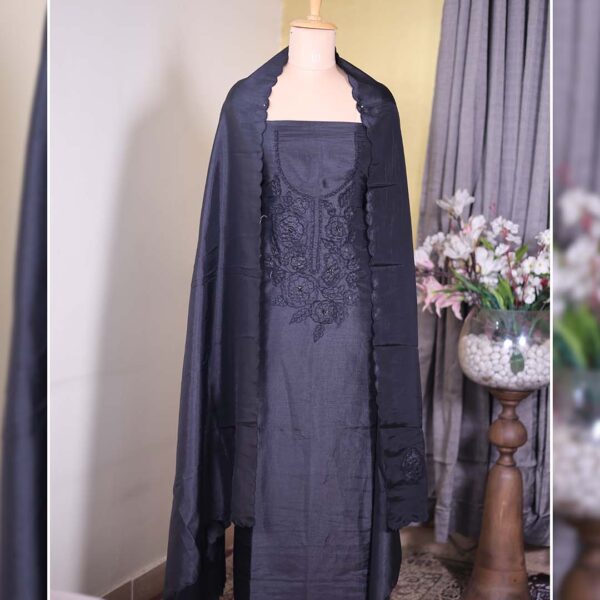 Black Summer Silk Suit with Tone-on-Tone Appliqué