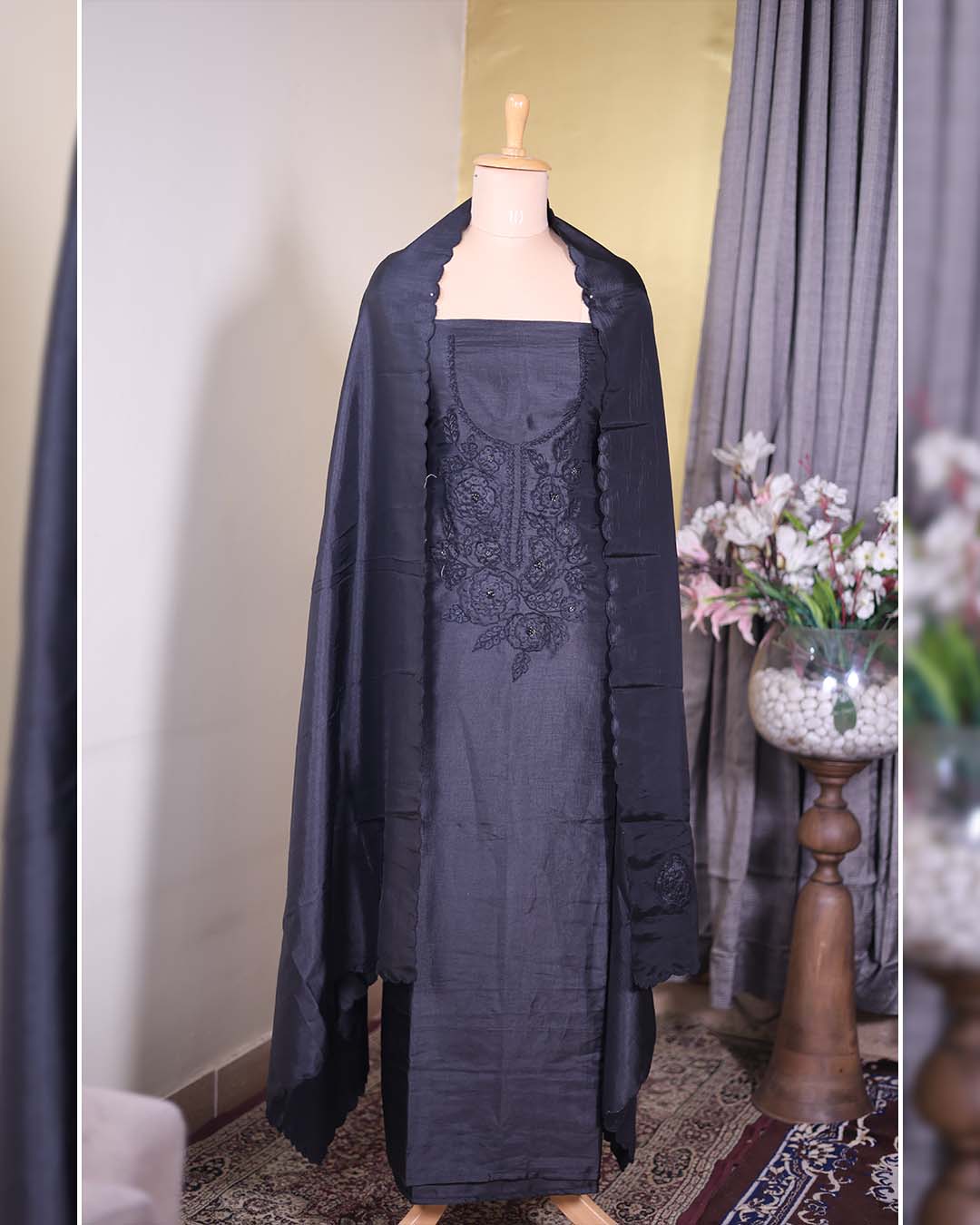 Black Summer Silk Suit with Tone-on-Tone Appliqué