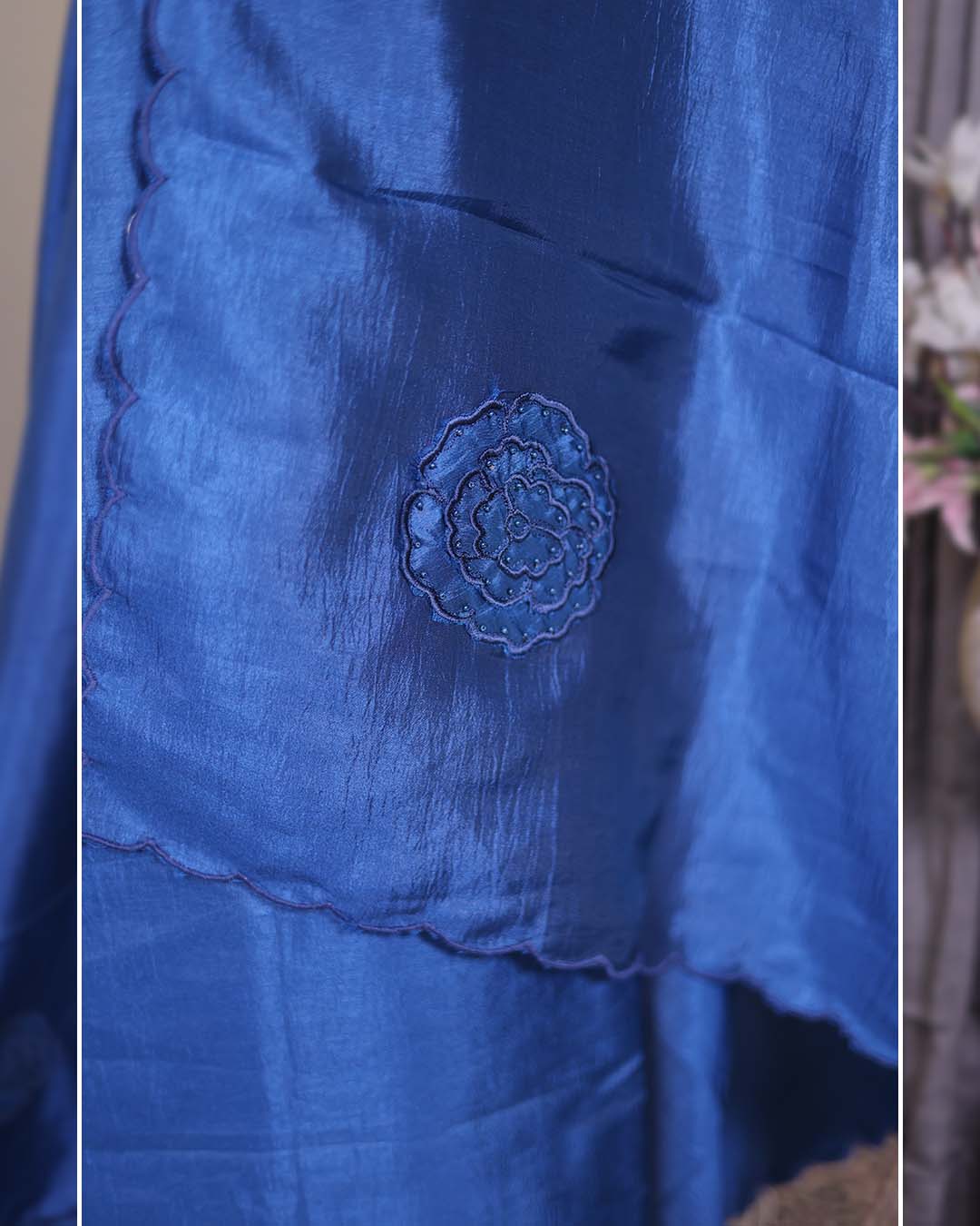 Second image of Blue Summer Silk Suit with Tone-on-Tone Appliqué