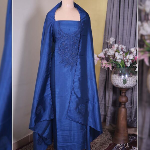 Blue Summer Silk Suit with Tone-on-Tone Appliqué