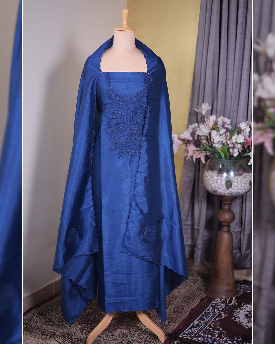 Blue Summer Silk Suit with Tone-on-Tone Appliqué