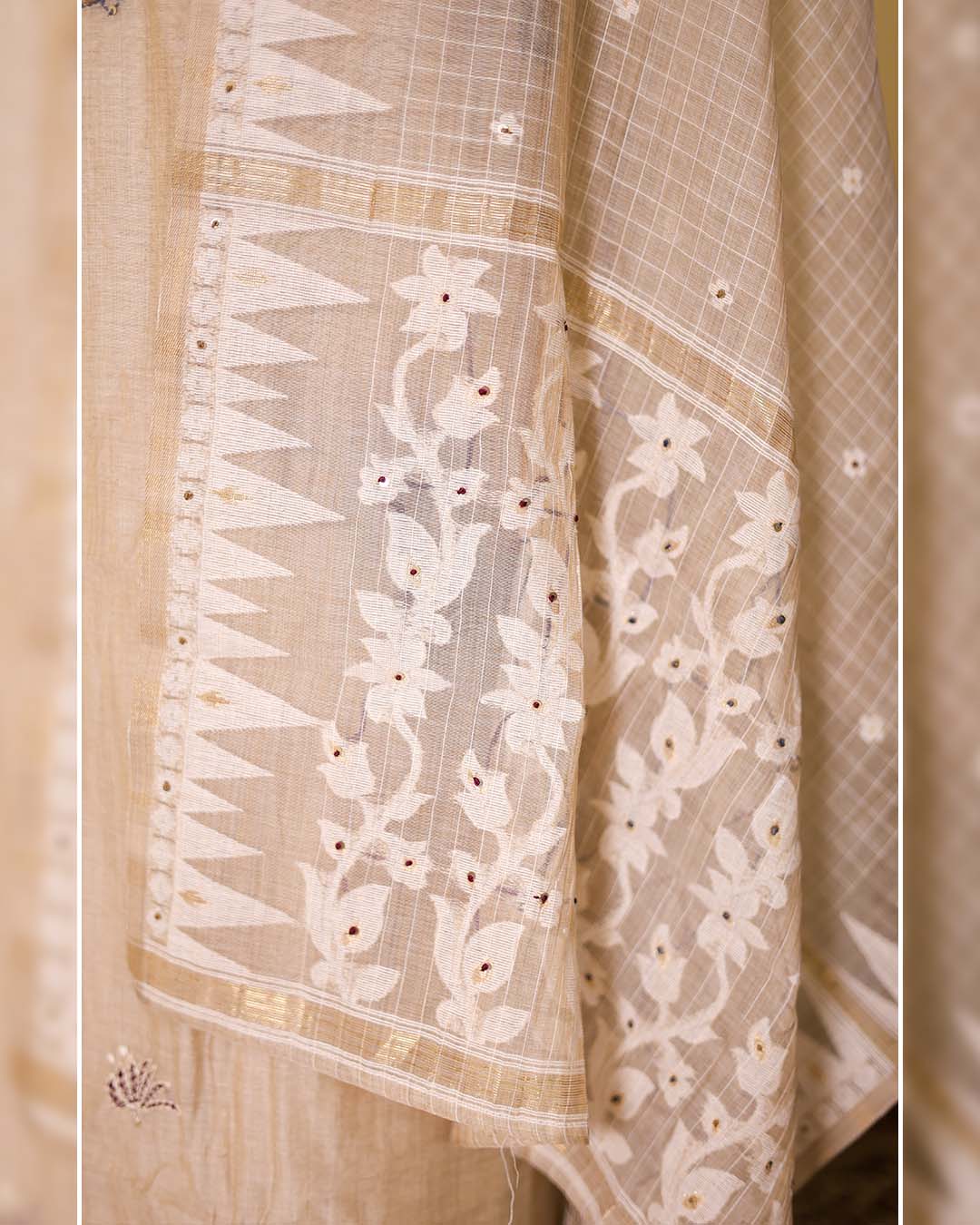 Second image of Ivory Chanderi Silk Suit with Kantha-Embroidered Hemline