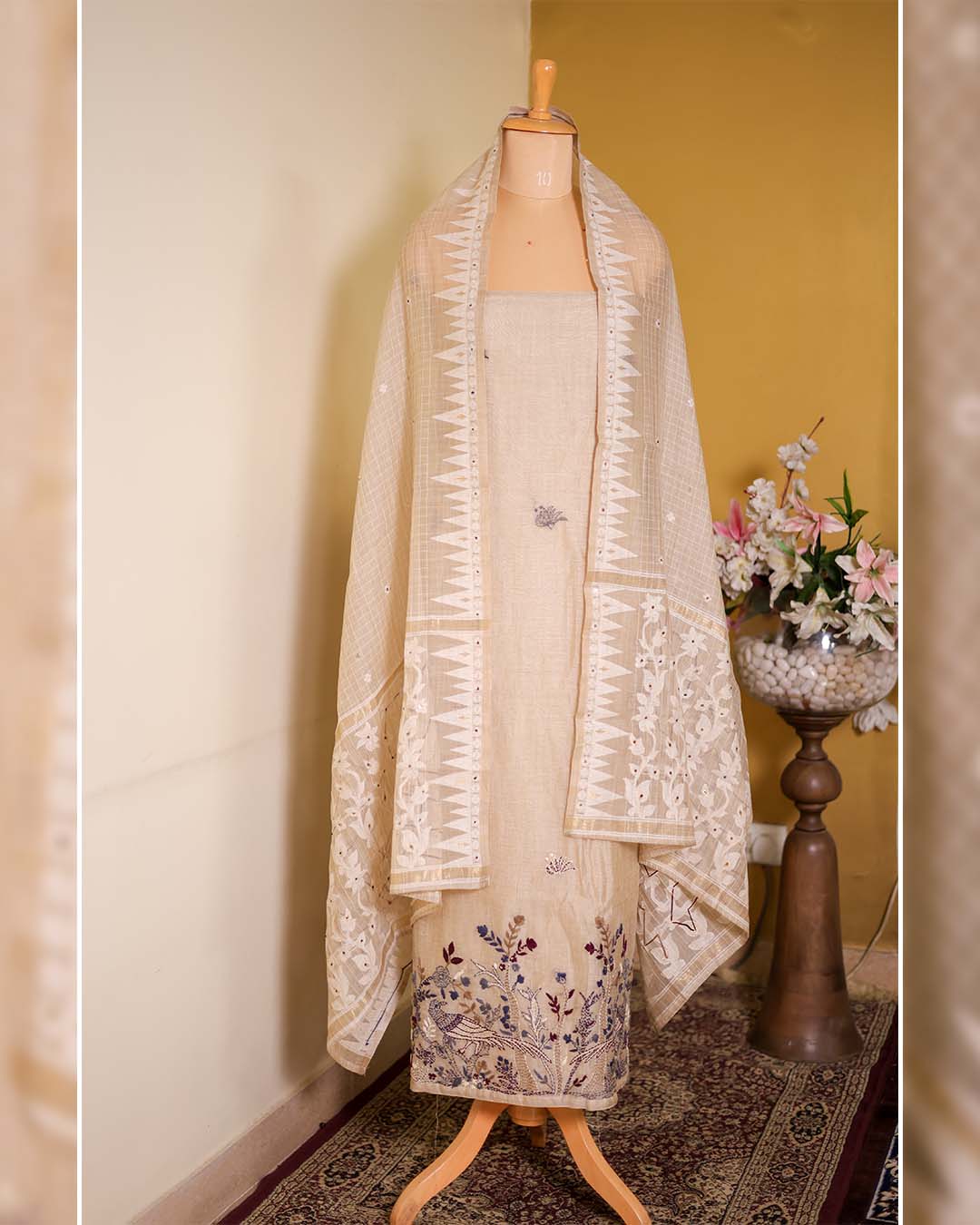 Ivory Chanderi Silk Suit with Kantha-Embroidered Hemline