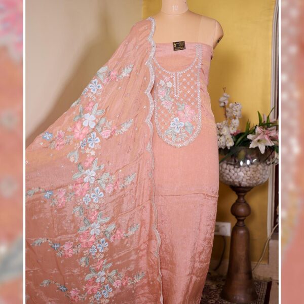 Crushed Tissue Suit with Floral Hand & Thread Embroidery - Peach