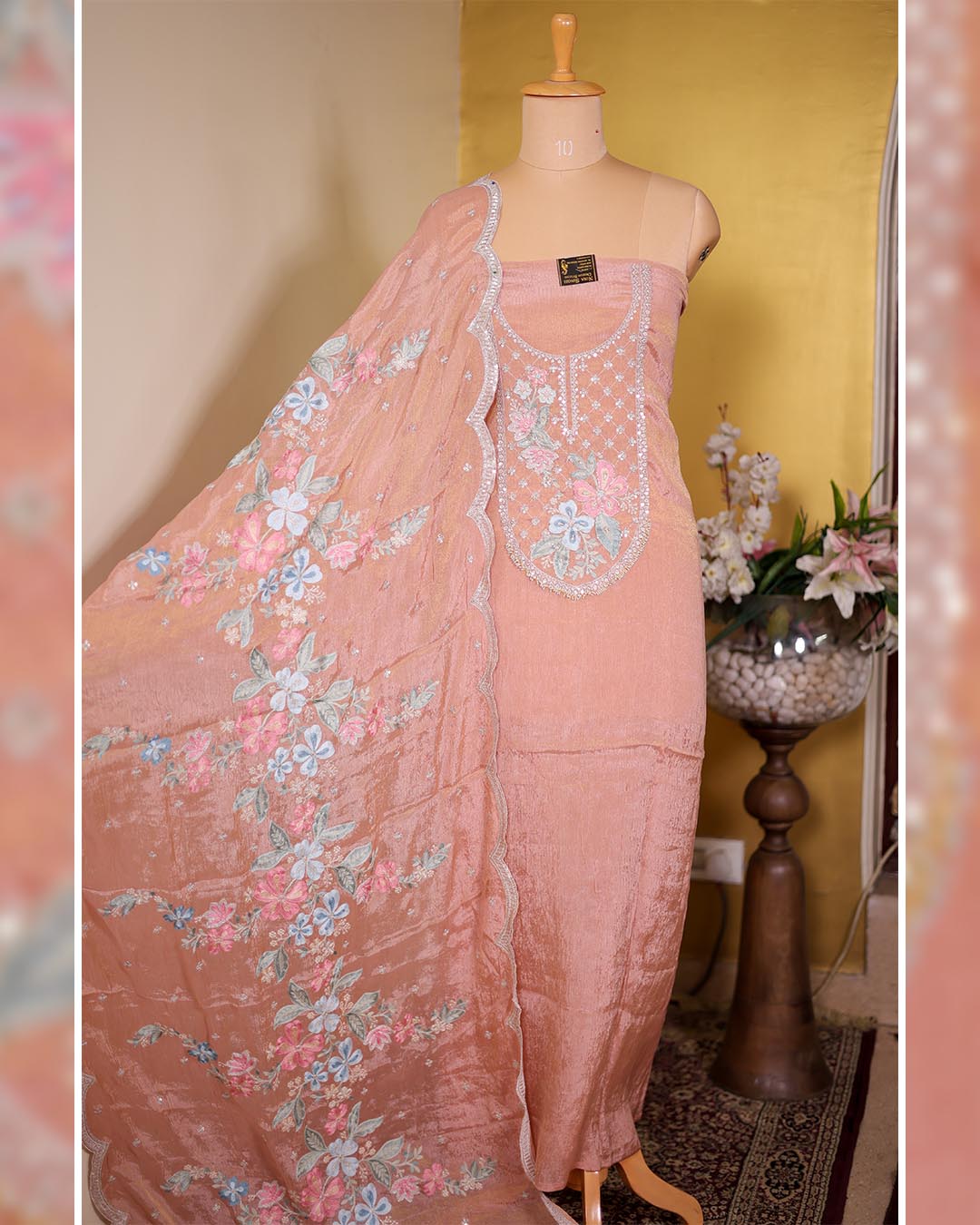 Crushed Tissue Suit with Floral Hand & Thread Embroidery - Peach