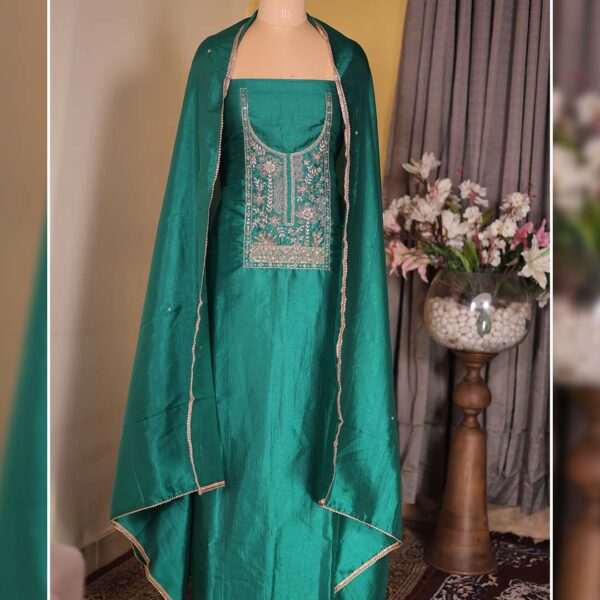 Green Silk Suit with Hand Zardozi Dabka Neckline