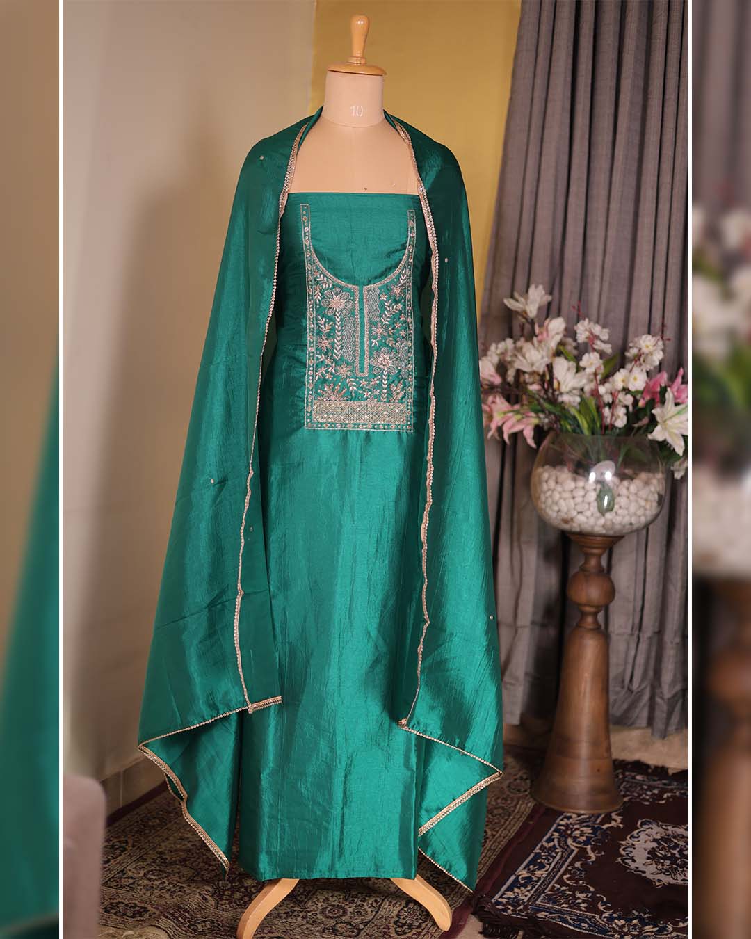 Green Silk Suit with Hand Zardozi Dabka Neckline