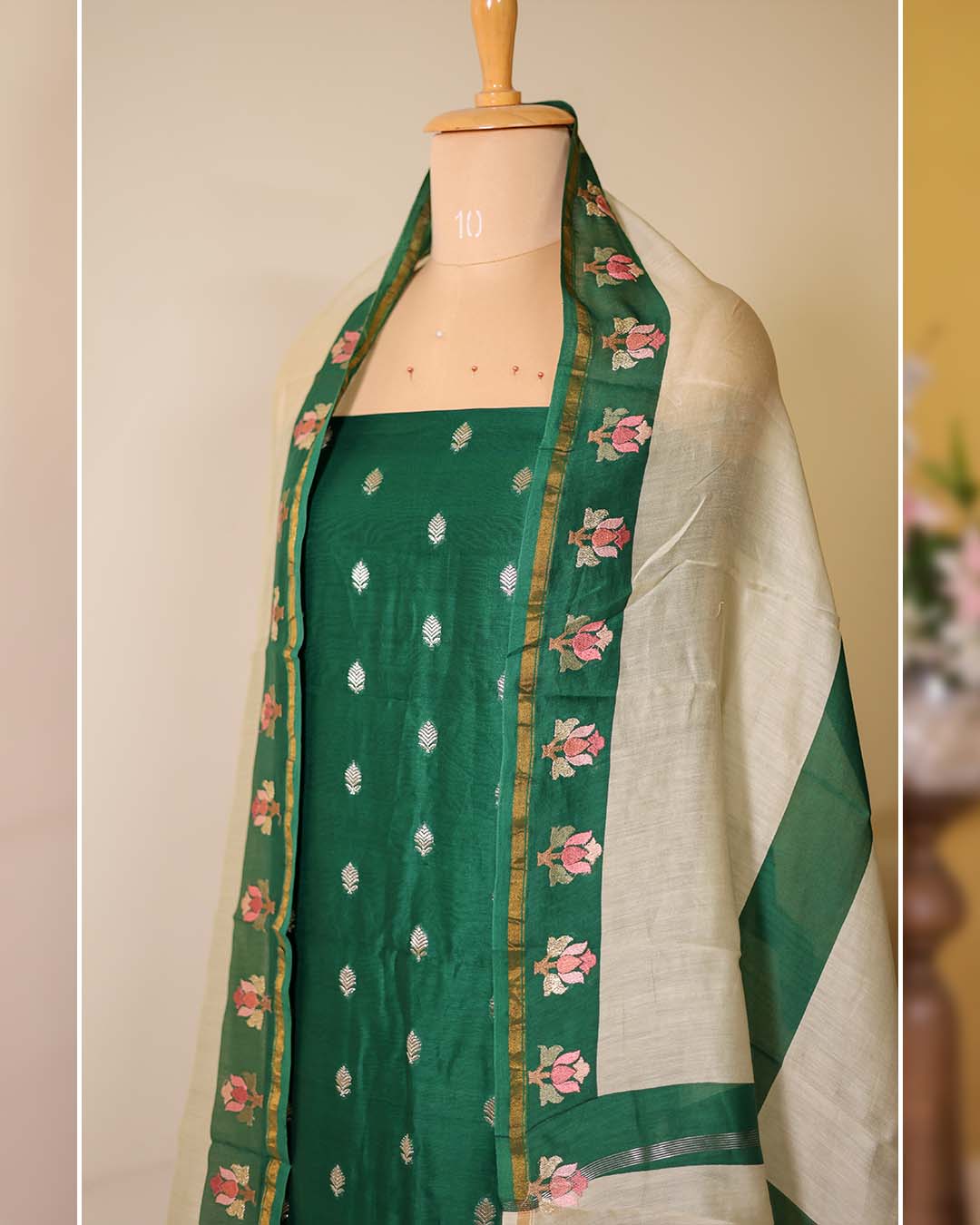 Second image of Green Maheshwari Silk Suit with Banarasi Zari Booties