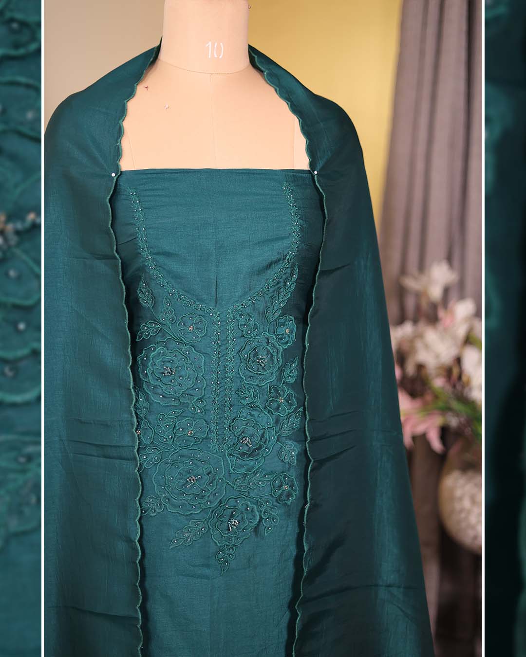 Second image of Green Summer Silk Suit with Tone-on-Tone Appliqué