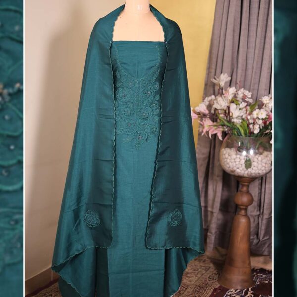 Green Summer Silk Suit with Tone-on-Tone Appliqué