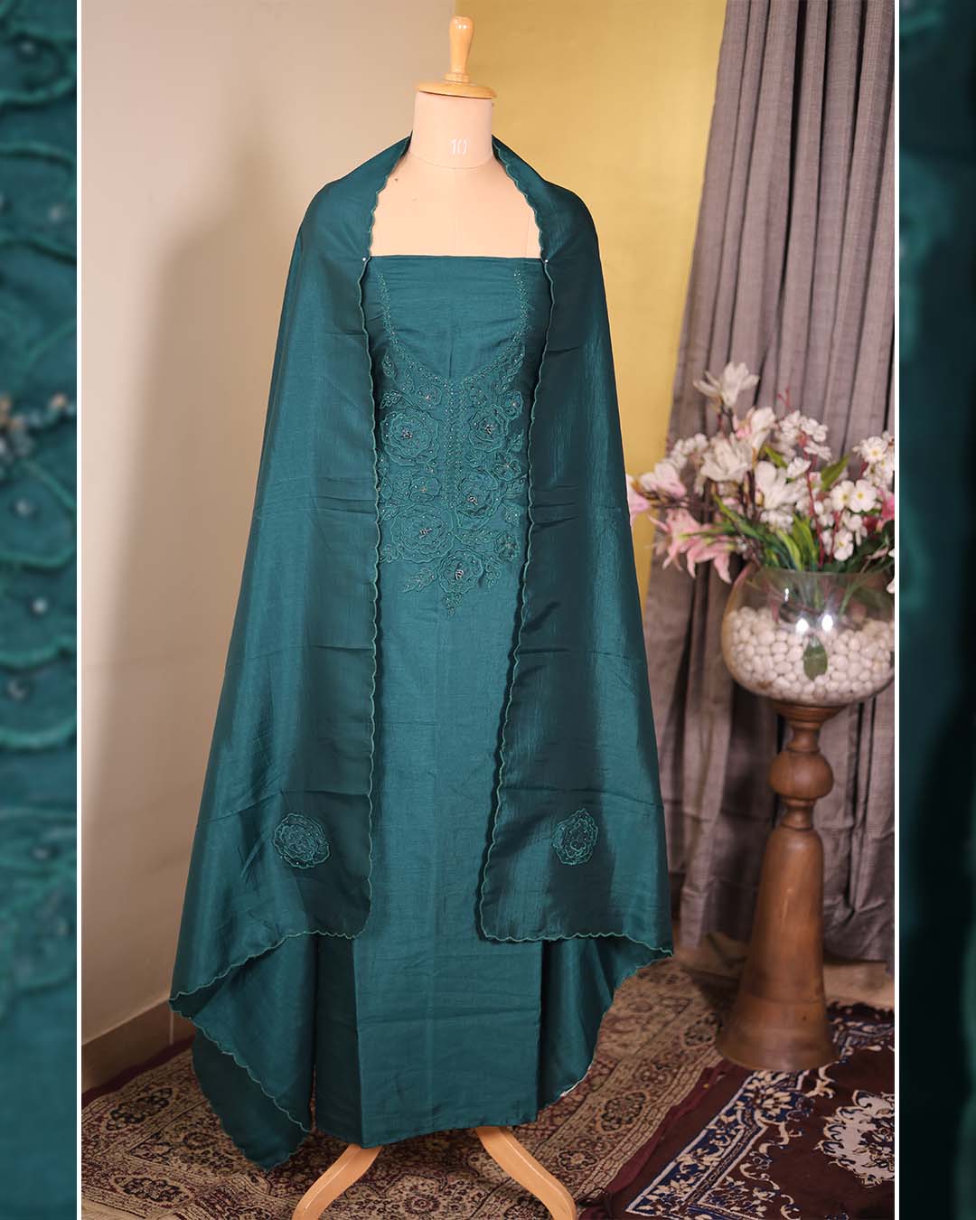 Green Summer Silk Suit with Tone-on-Tone Appliqué