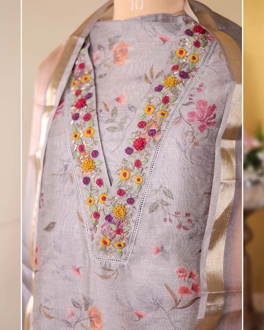 Second image of Printed Chanderi Silk Suit with Hand Zardozi Neckline