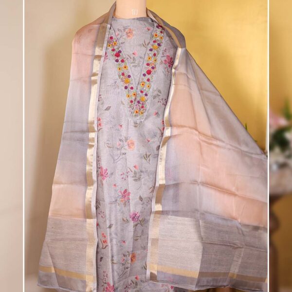 Printed Chanderi Silk Suit with Hand Zardozi Neckline