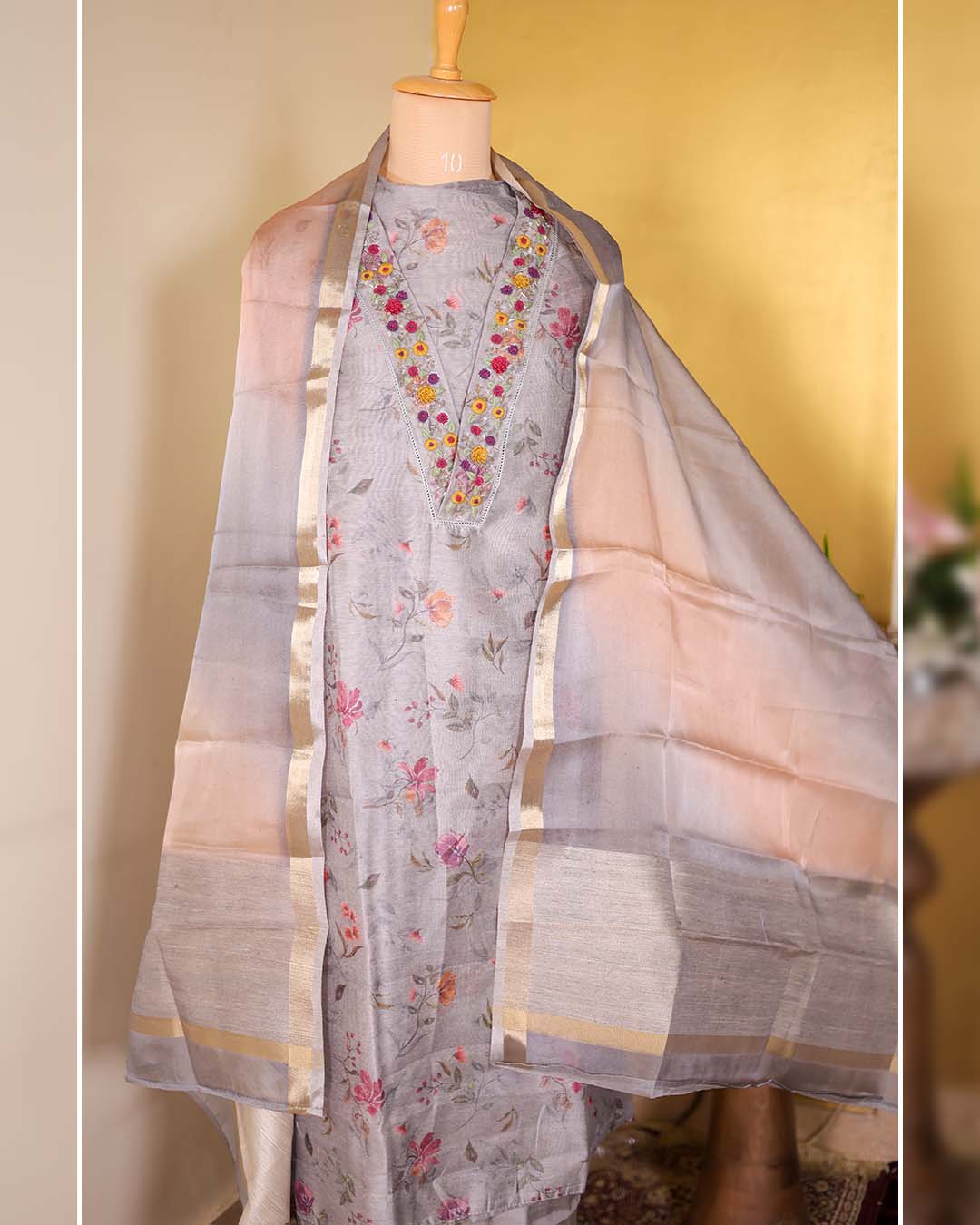 Printed Chanderi Silk Suit with Hand Zardozi Neckline