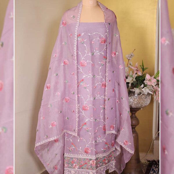 Mauve Tissue Suit with Parsi Jaal Embroidery