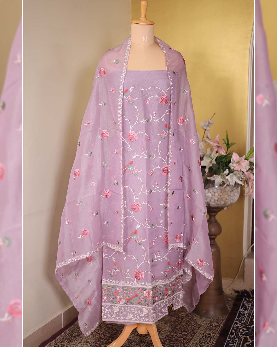 Mauve Tissue Suit with Parsi Jaal Embroidery