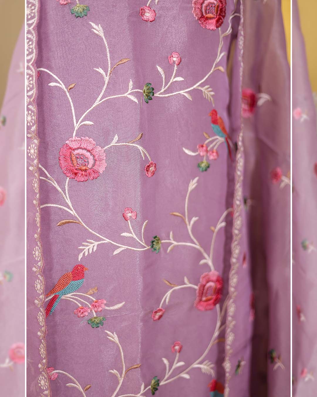 Second image of Mauve Tissue Suit with Parsi Jaal Embroidery