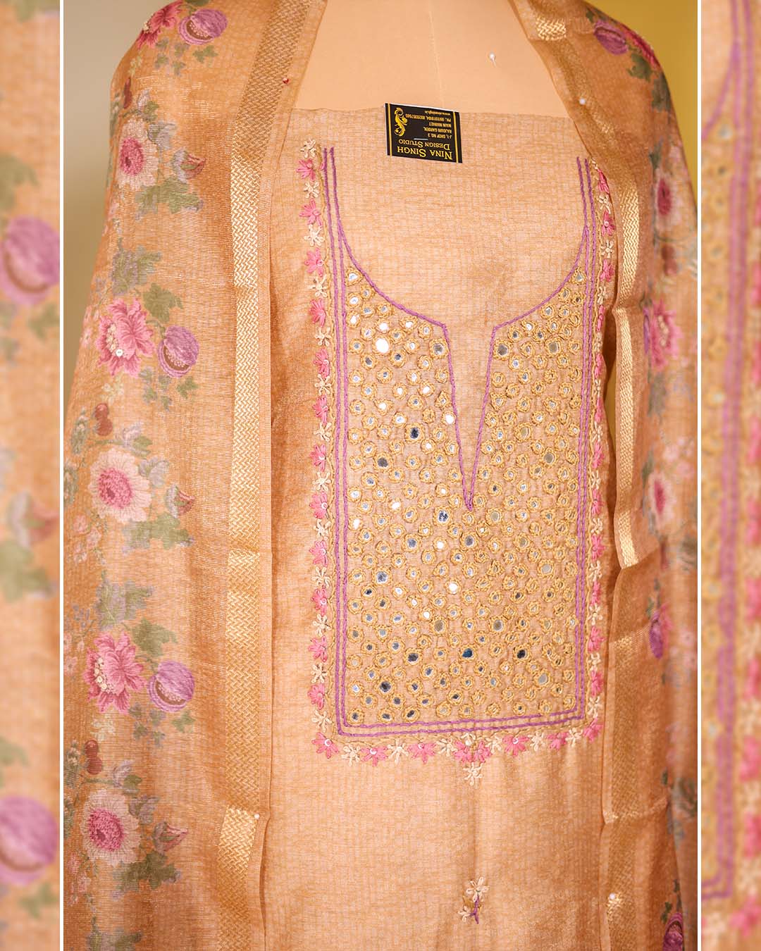 Second image of Maheshwari Silk Suit with Mirror & Thread-Embroidered Neckline