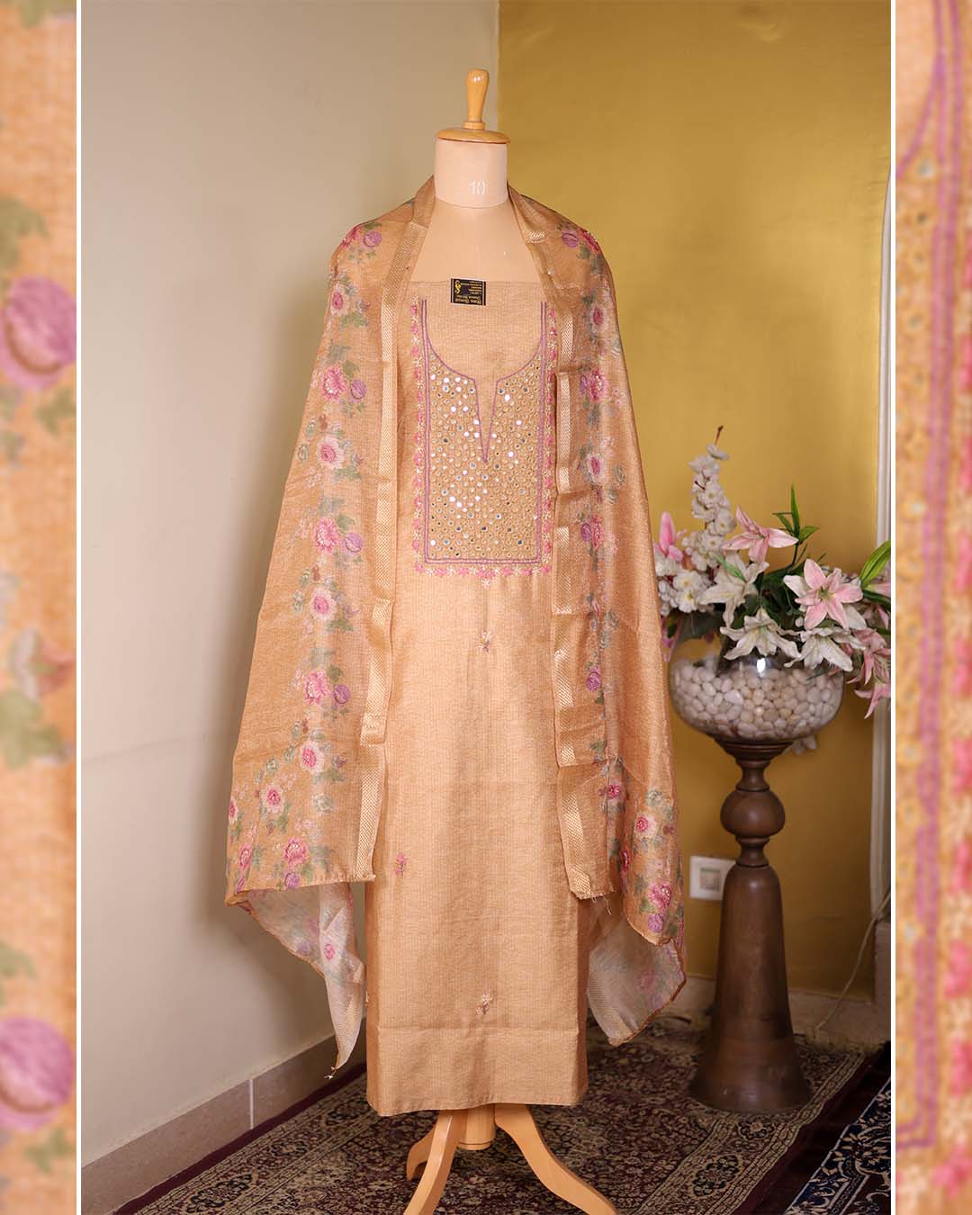 Maheshwari Silk Suit with Mirror & Thread-Embroidered Neckline