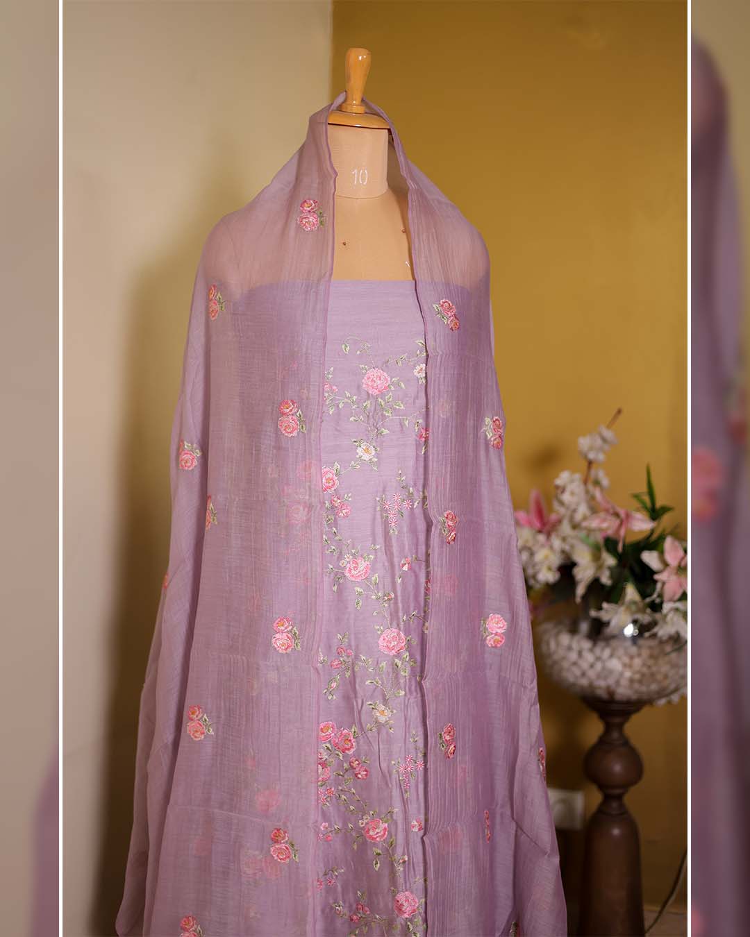 Mauve Maheshwari Silk Suit with Thread Embroidery