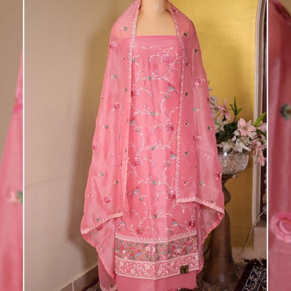 Pink Tissue Suit with Parsi Jaal Embroidery