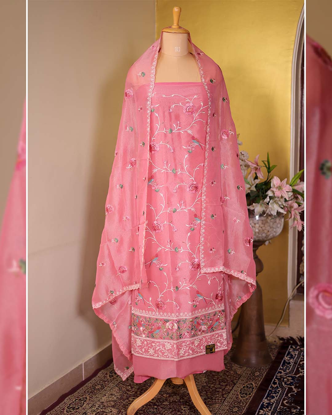 Pink Tissue Suit with Parsi Jaal Embroidery