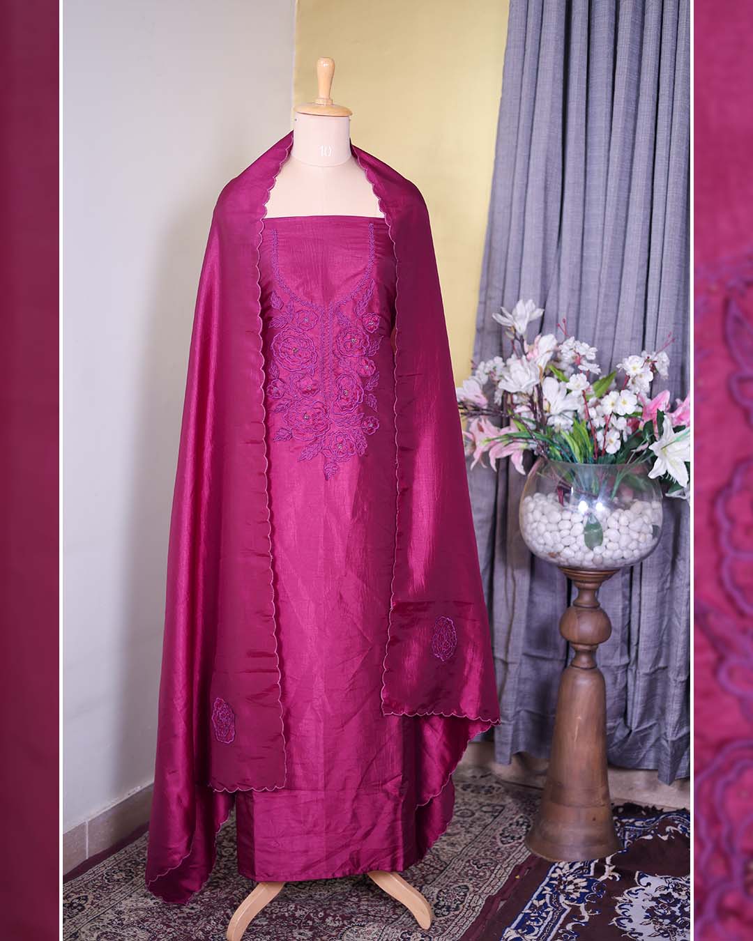 Pink Summer Silk Suit with Tone-on-Tone Appliqué