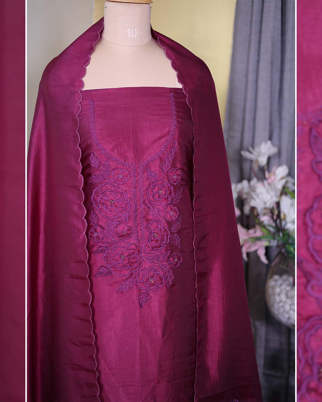 Second image of Pink Summer Silk Suit with Tone-on-Tone Appliqué