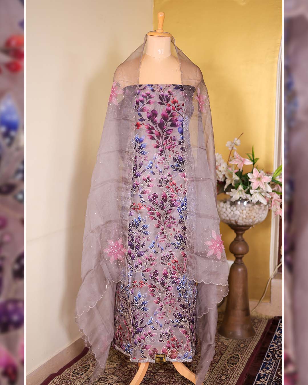 Pure Organza Hand-Painted Suit with Embroidered Detailing