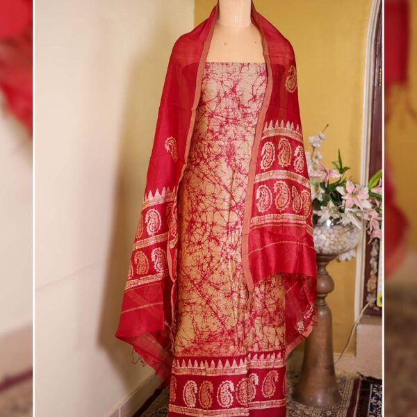 Red Maheshwari Silk Suit with Batik Print