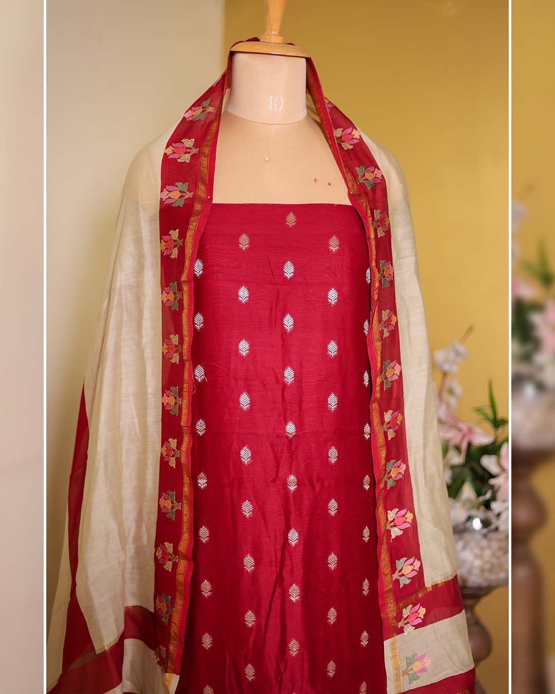 Second image of Red Maheshwari Silk Suit with Banarasi Zari Booties