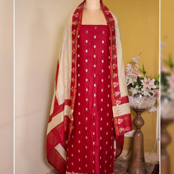Red Maheshwari Silk Suit with Banarasi Zari Booties