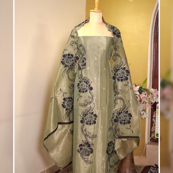 Shimmer Tissue Suit with Appliqué & Thread Embroidery - GREEN