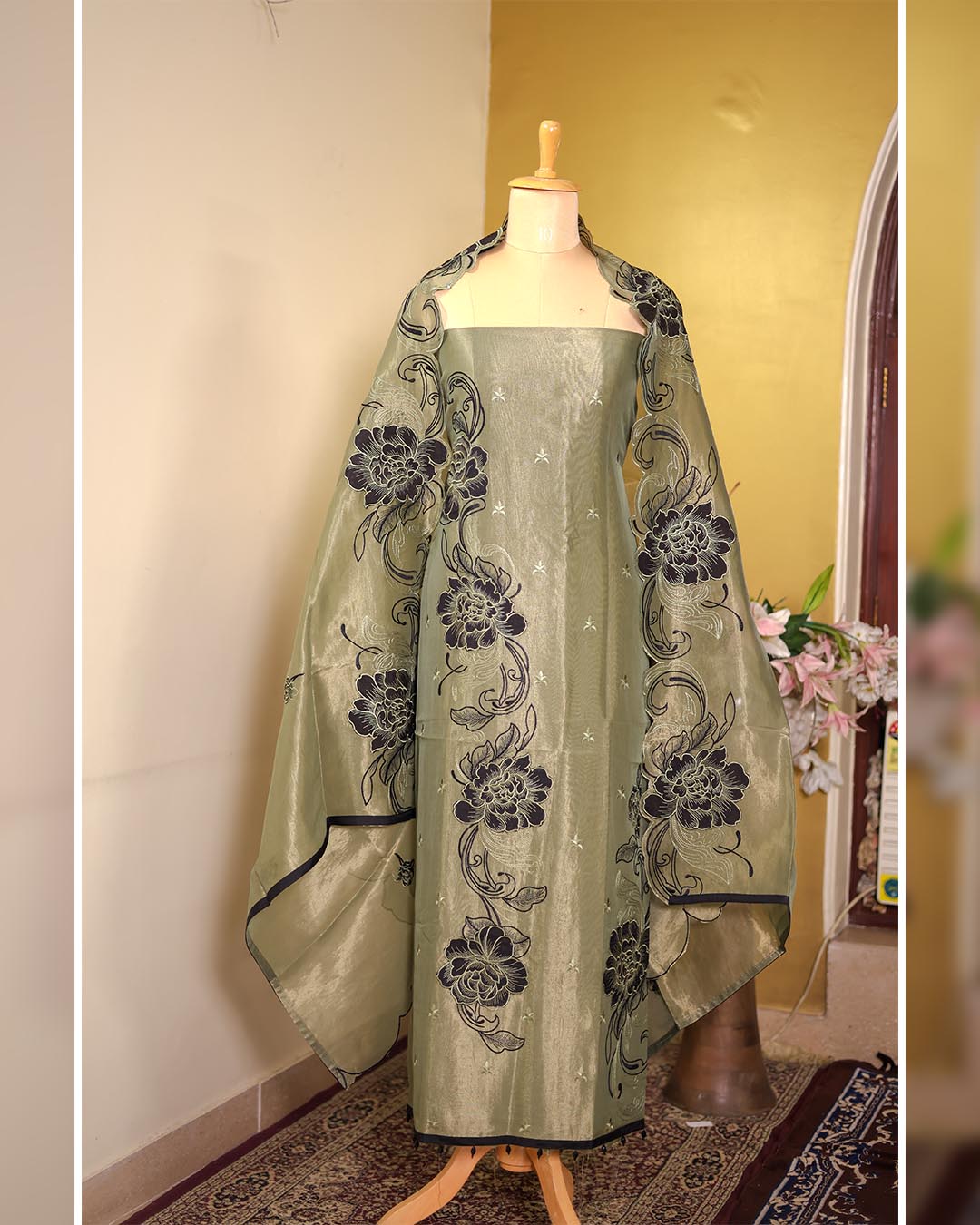 Shimmer Tissue Suit with Appliqué & Thread Embroidery - GREEN