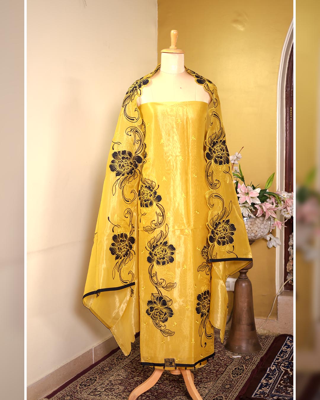 Shimmer Tissue Suit with Appliqué & Thread Embroidery - YELLOW