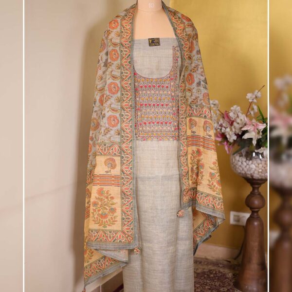 Shimmer Linen Printed Suit with French Knot Neckline