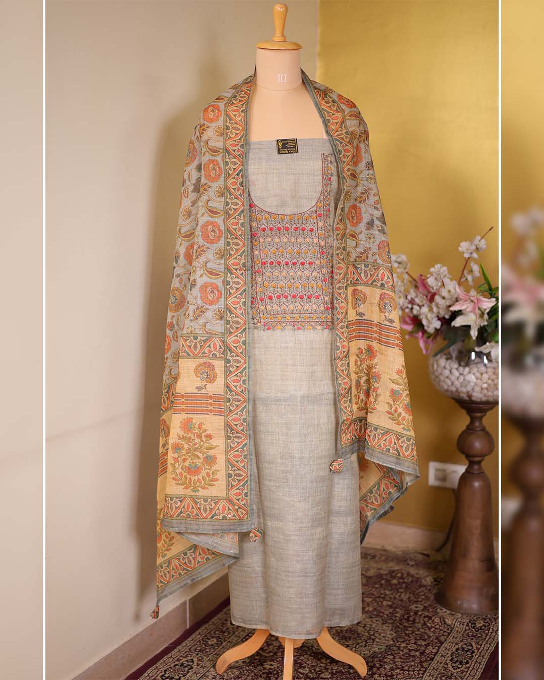 Shimmer Linen Printed Suit with French Knot Neckline