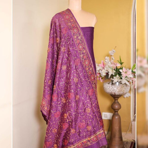 Wine Maheshwari Silk Block Printed Suit with Kantha Dupatta