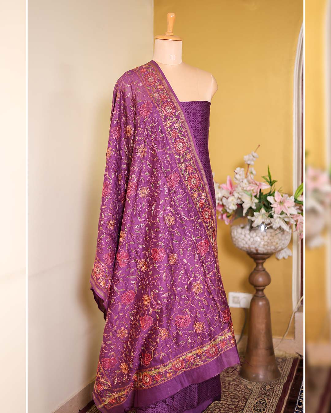Wine Maheshwari Silk Block Printed Suit with Kantha Dupatta