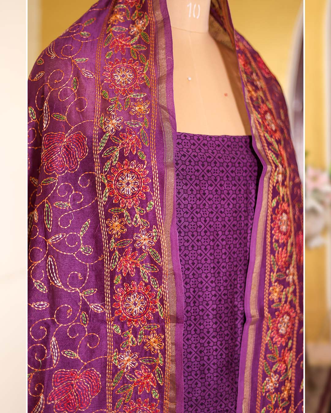 Second image of Wine Maheshwari Silk Block Printed Suit with Kantha Dupatta