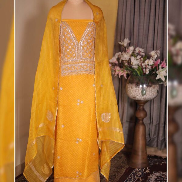 Yellow Pure Organza Bandhani with Hand Zardozi & Gota Patti