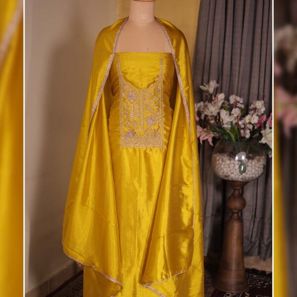 Yellow Silk Suit with Hand Zardozi Dabka Neckline