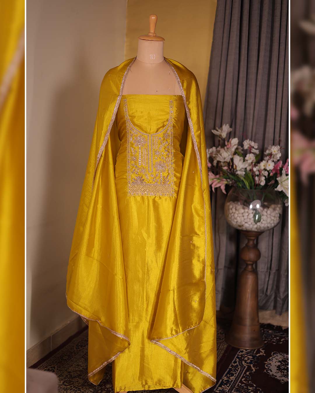 Yellow Silk Suit with Hand Zardozi Dabka Neckline