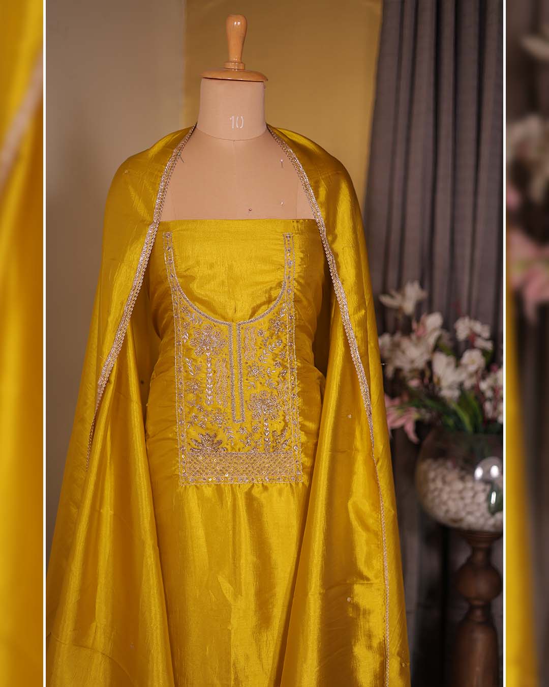 Second image of Yellow Silk Suit with Hand Zardozi Dabka Neckline